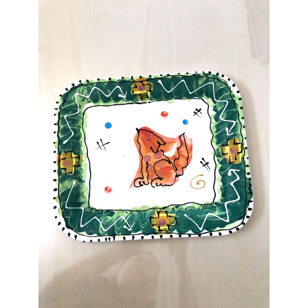 Vtg Artables Canada Hand Painted Ceramic Platter Whimsical Folk Art Dog Signed
